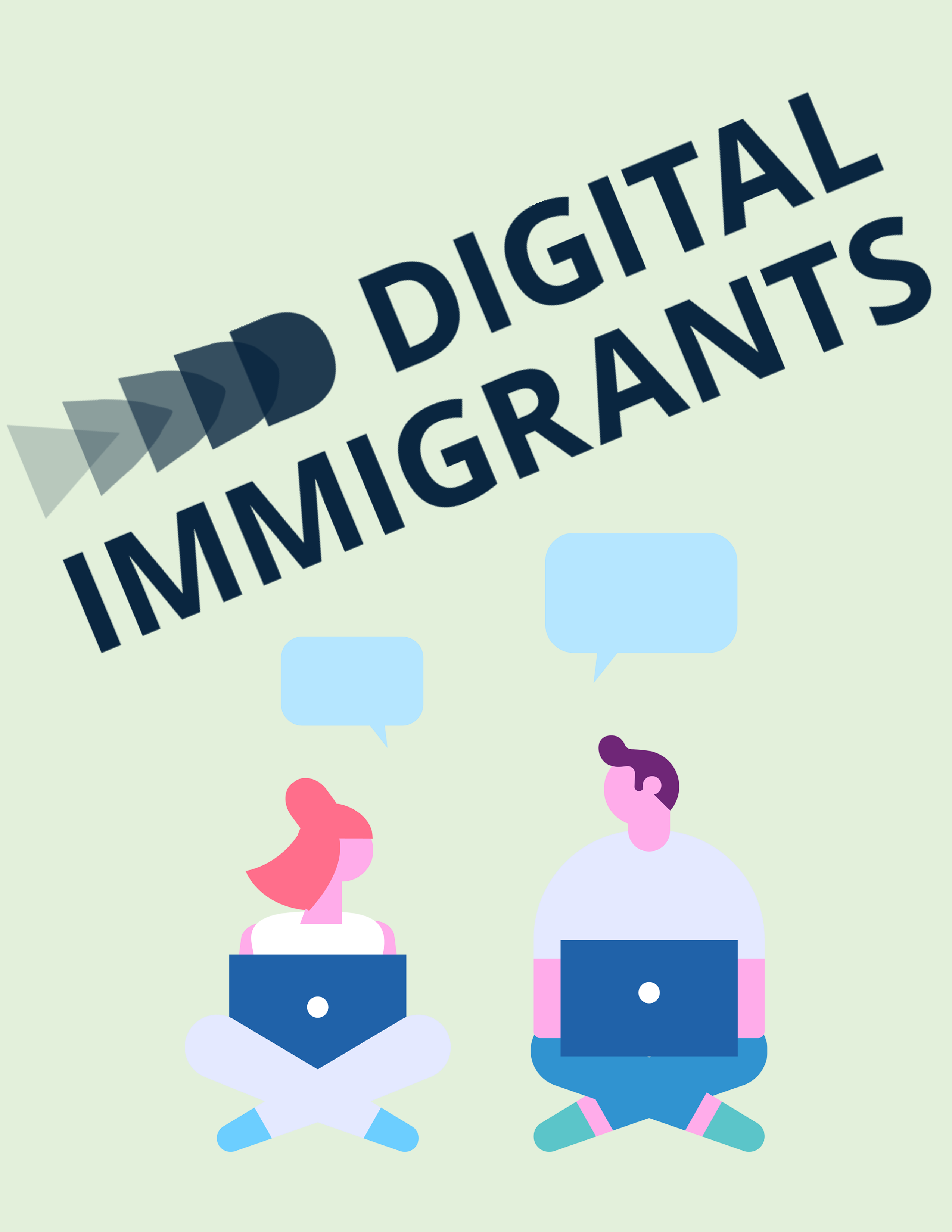 Logo des Projekts Digital Immigrants, darunter eine Zeichung von einem Mann und einer Frau mit Laptops, die sich unterhalten