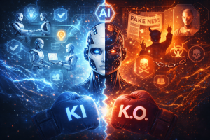 Zentral dargestellter humanoider KI-Kopf, links in blauen Farbtönen mit Symbolen für Zusammenarbeit, Lernen und Kreativität, rechts in orange-roten Farbtönen mit Symbolen für Fake News, Manipulation und Gefahren. Im Vordergrund stehen zwei Boxhandschuhe mit der Aufschrift „KI“ und „K.O.“, die sich gegenüberstehen.